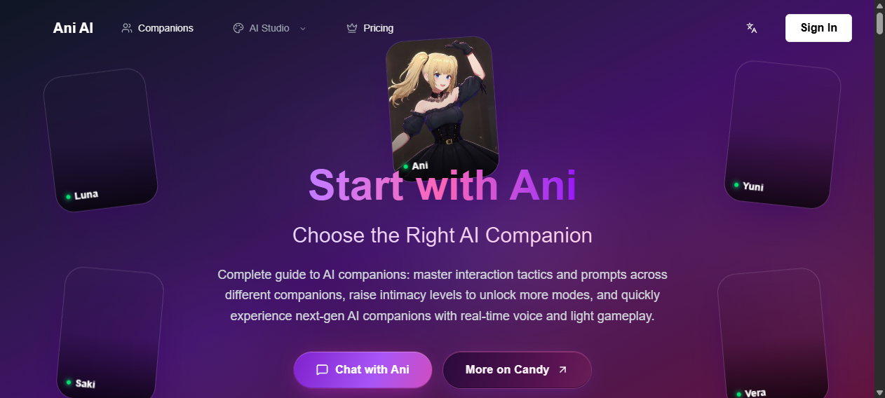 Öffentliche AniAI.net-Startseite mit Start with Ani, Companion-Karten und zwei Aktionsschaltflächen