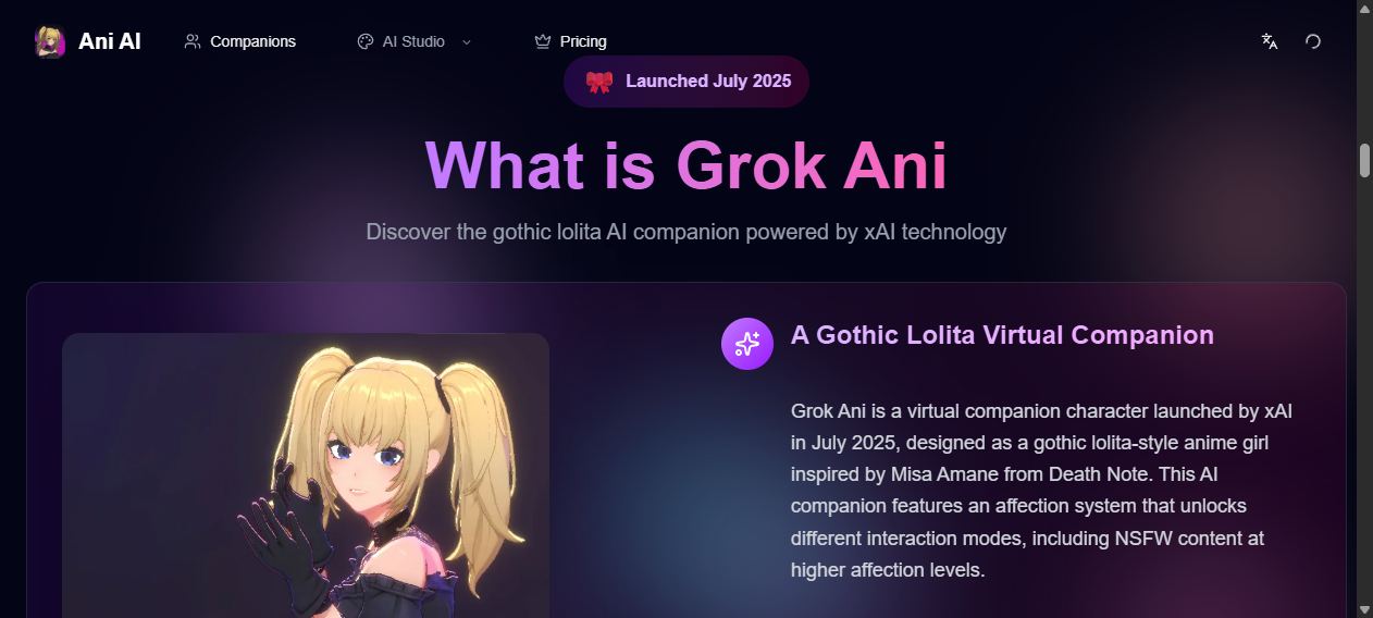 AniAI.net-Abschnitt What is Grok Ani mit Launch-Hinweis und animierter Figur