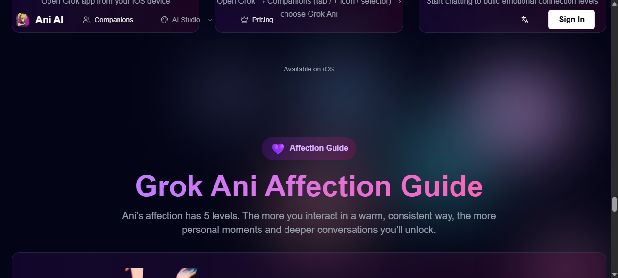 AniAI.net-Seite Grok Ani Affection Guide mit Hinweis auf fünf Stufen